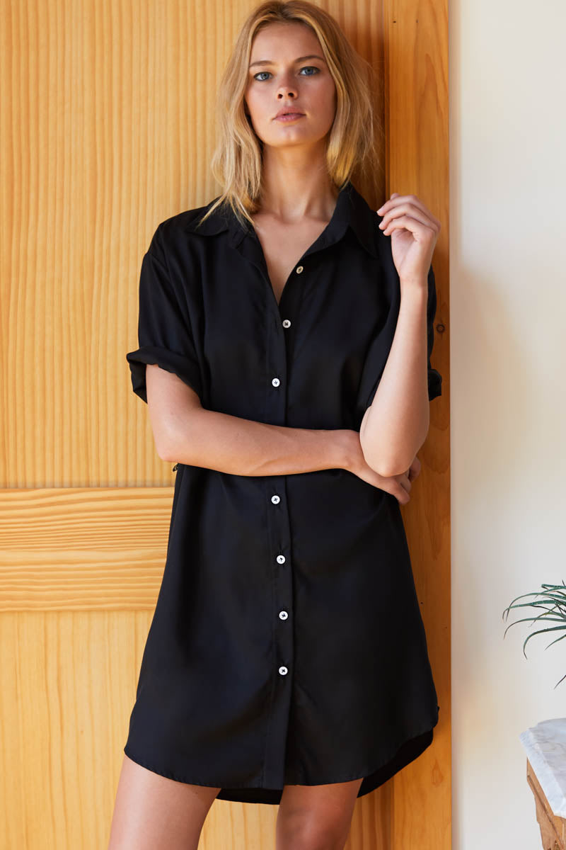 Short Sleeve Shirtdress - Black Tencel