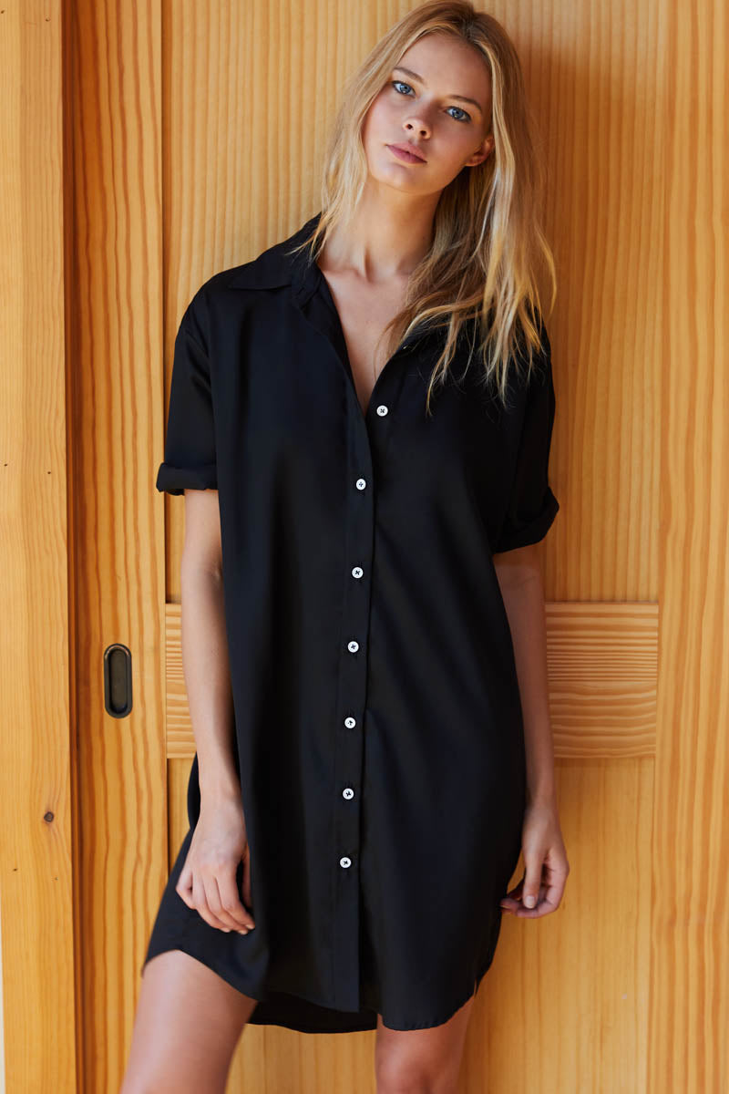 Short Sleeve Shirtdress - Black Tencel