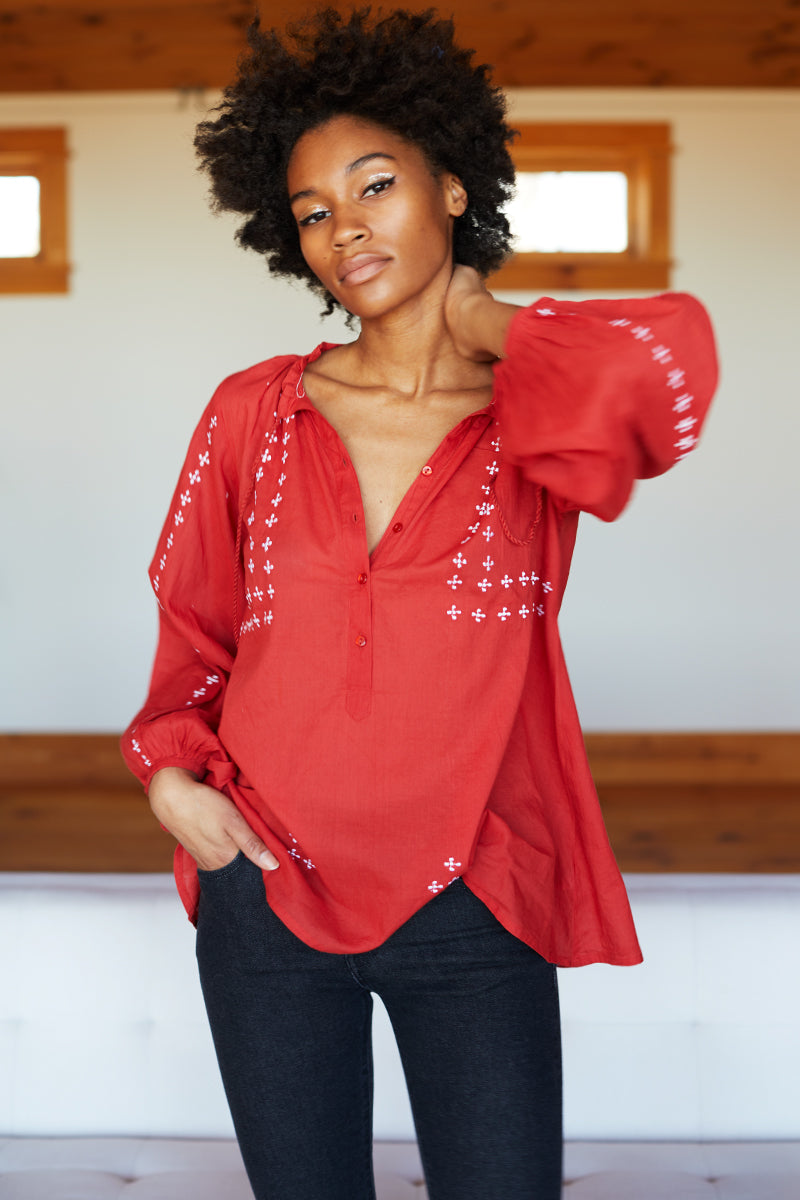 Bardot Top - Embroidered Red