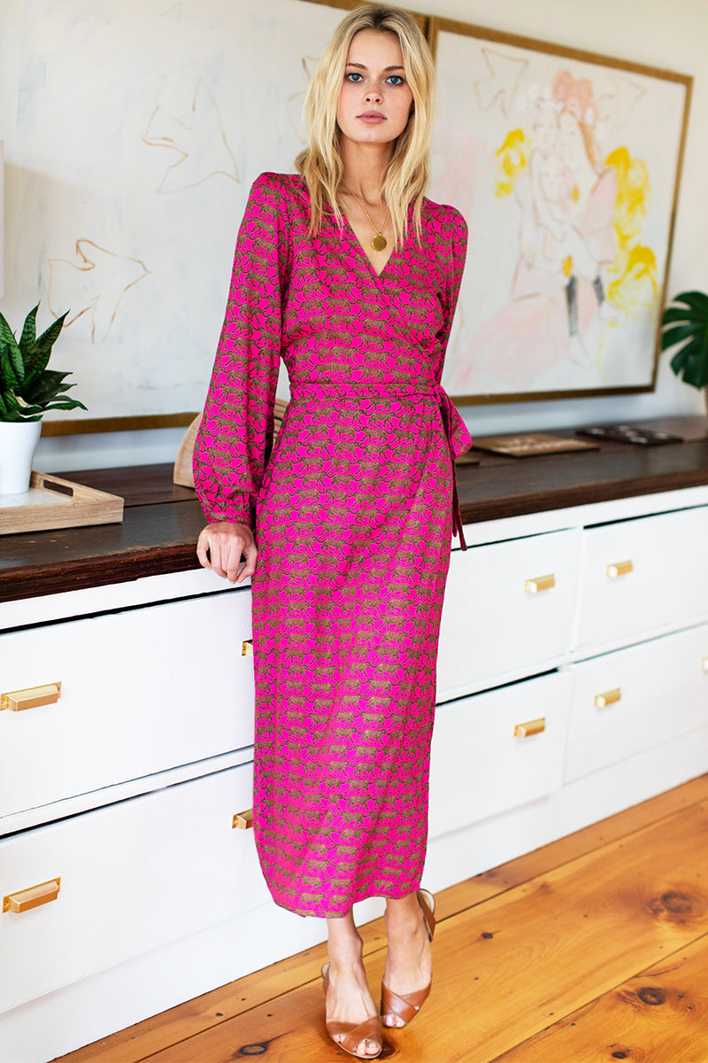 Bishop Sleeve Dress - Pink Walking Cheetah